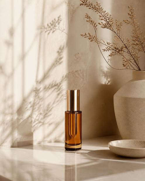 Perfume bottle on marble with dried grass